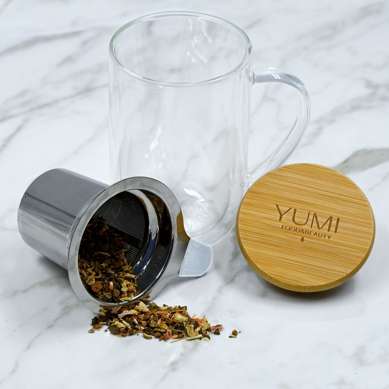 YUMI Beauty - Tasse verre double paroi avec infuseur & cuillère doseuse  bois - 40cl – Yumi Beauty Shop