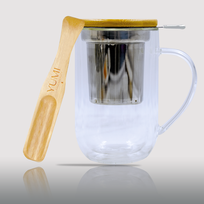 Tasse verre double paroi avec infuseur & cuillère doseuse bois - 40cl